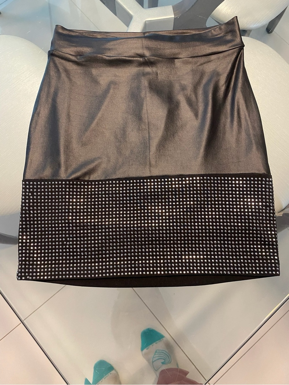 bebe Black Faux Leather Mini Skirt with Studded Hem